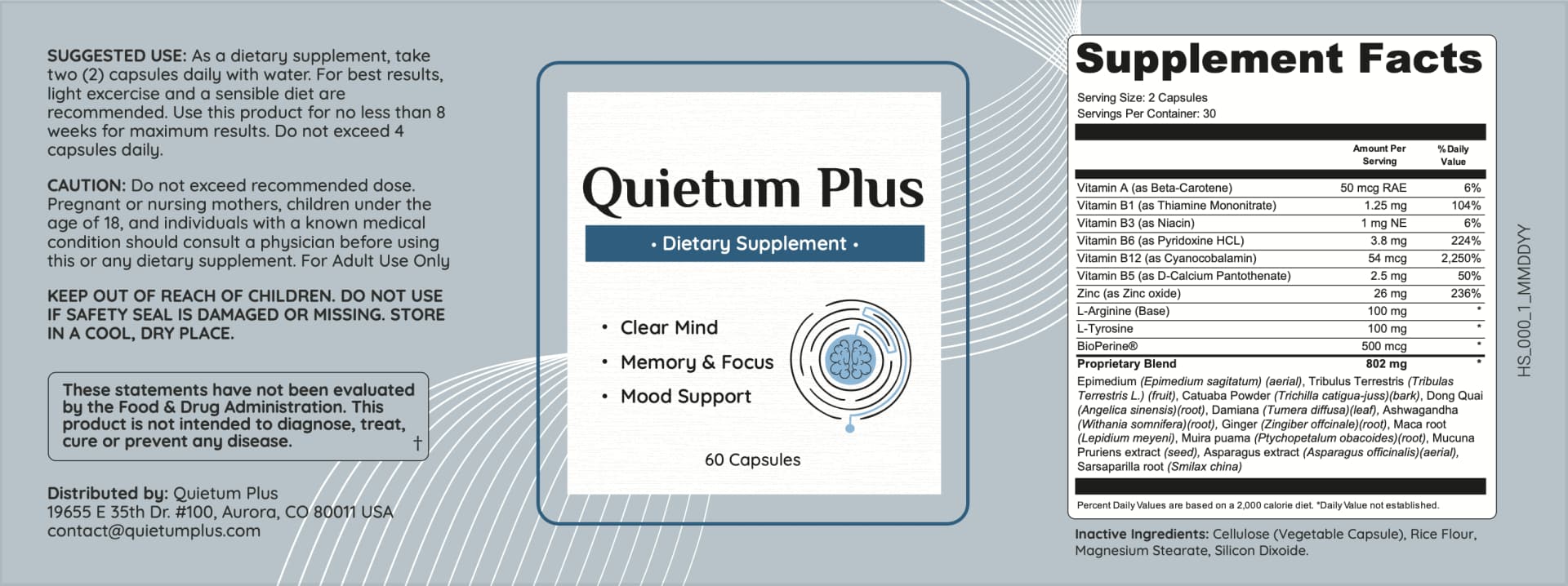 Quietum Plus Supplement Facts and Suggested Use Information